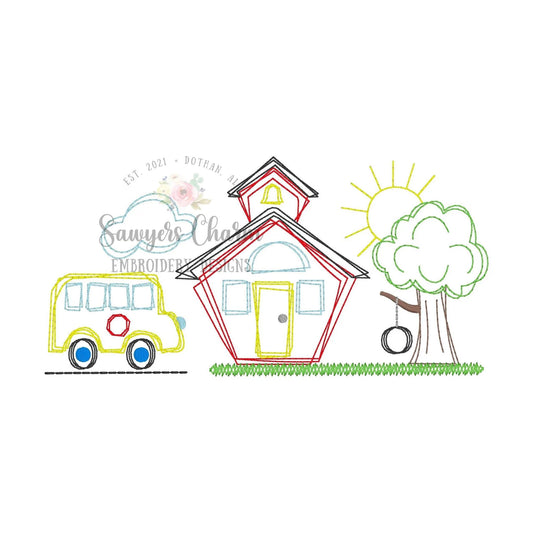 2763 - SCHOOL HOUSE WITH BUS VINTAGE STITCH BOY - SKETCH CHILD SHIRT
