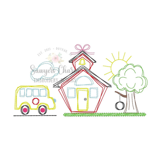 2763 - SCHOOL HOUSE WITH BUS VINTAGE STITCH GIRL - SKETCH CHILD SHIRT