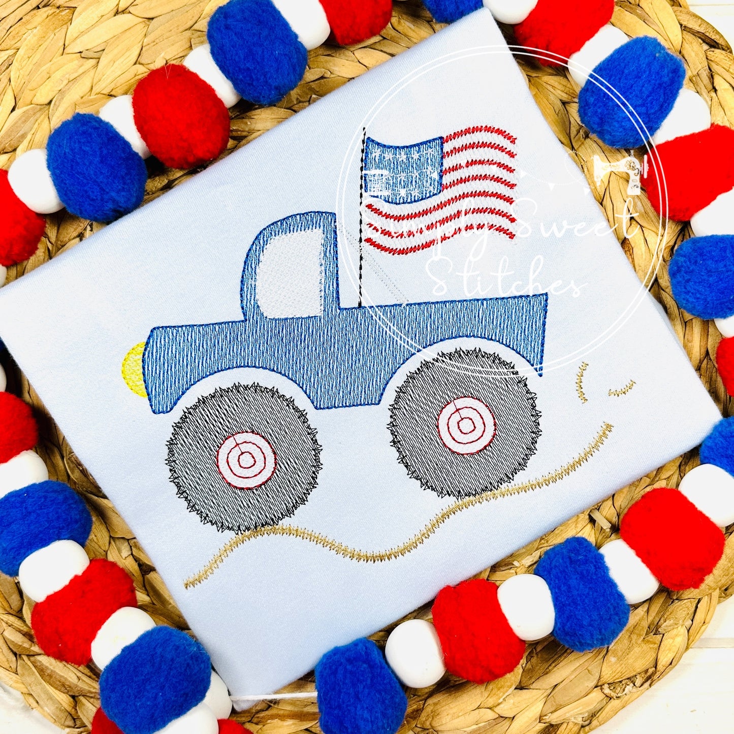 2664 - PATRIOTIC FLAG MONSTER TRUCK - APPLIQUE CHILD SHIRT