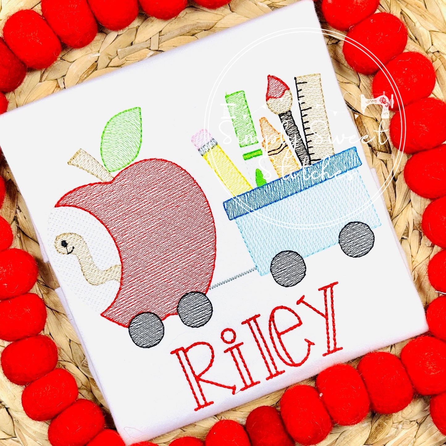 2553 - WORM IN APPLE WITH SCHOOL SUPPLIES - SKETCH CHILD SHIRT