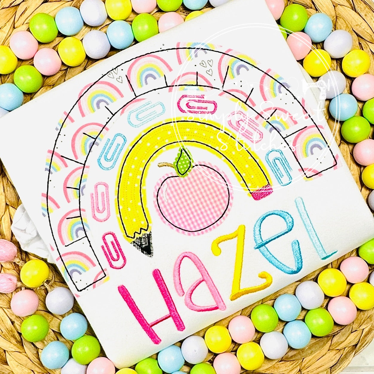 1002 - SCHOOL SUPPLIES RAINBOW - APPLIQUE CHILD SHIRT