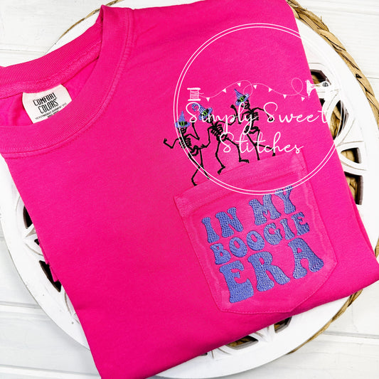 2579 - IN MY BOOGIE ERA DANCING SKELETONS POCKET - EMBROIDERY ADULT SHIRT