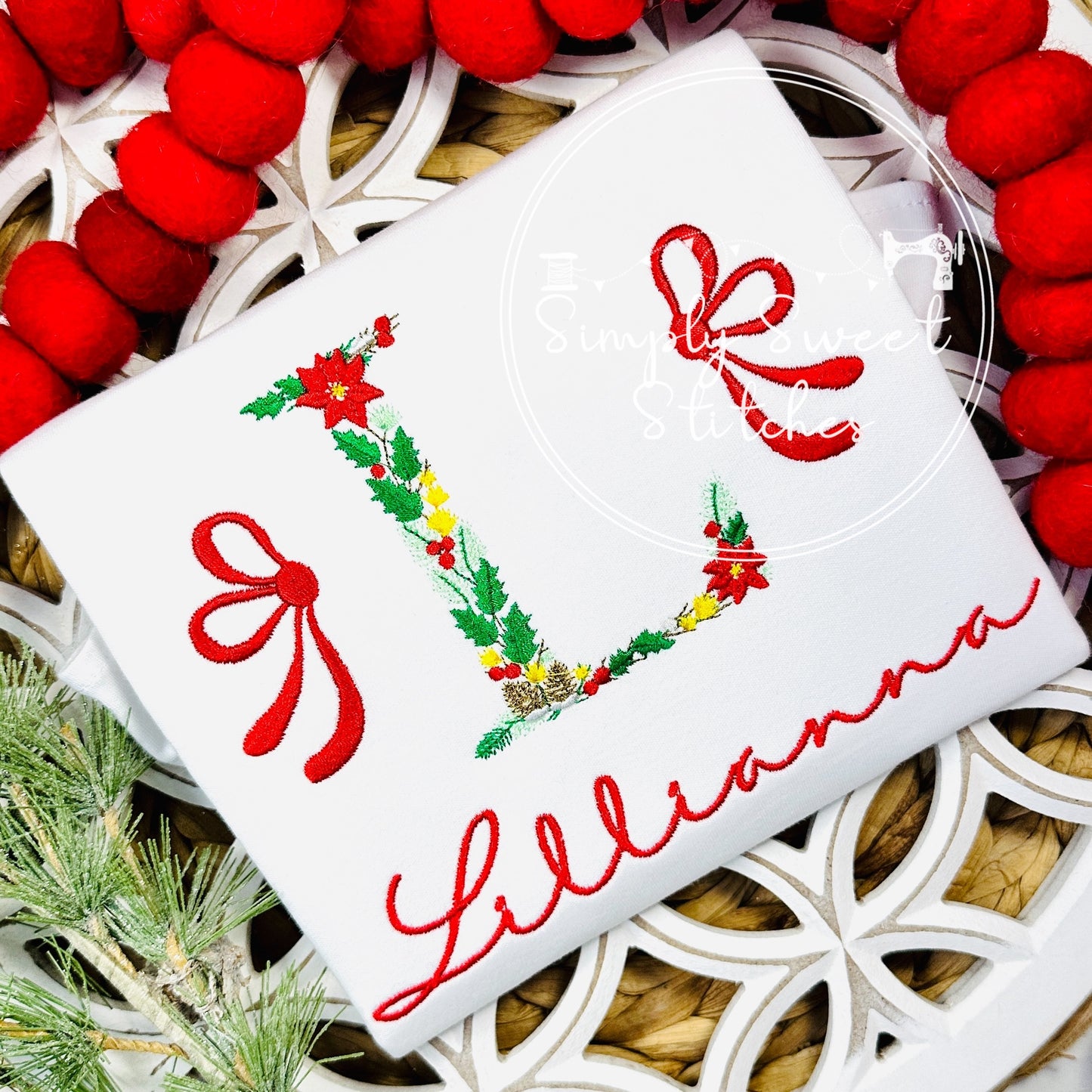 2670 - CHRISTMAS FLORAL INITIAL - EMBROIDERY CHILD SHIRT