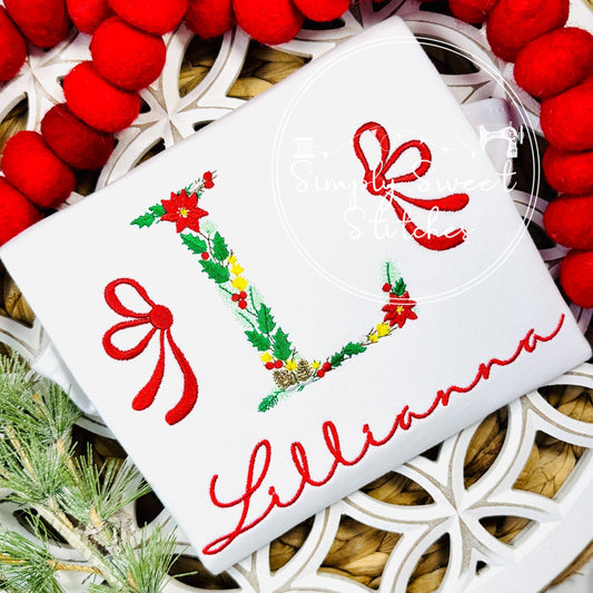 2670 - CHRISTMAS FLORAL INITIAL - EMBROIDERY CHILD SHIRT