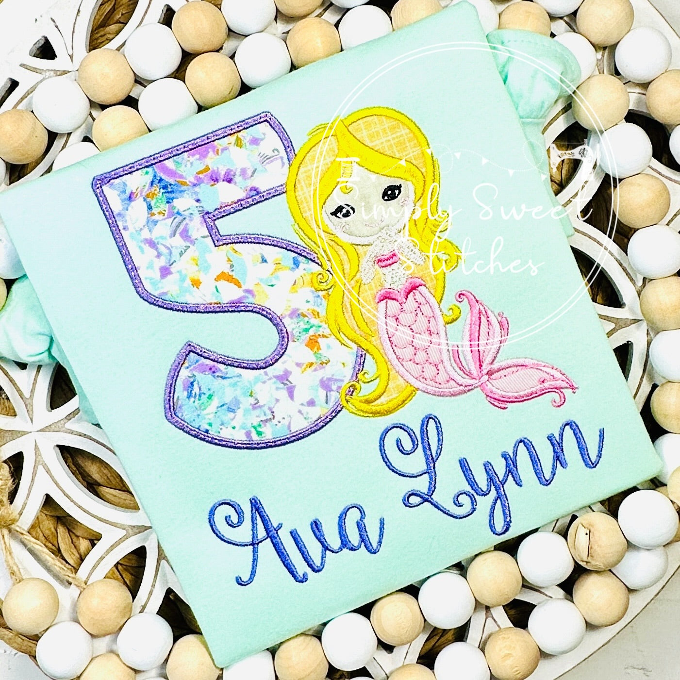 1377 - FANCY MERMAID BIRTHDAY NUMBER - APPLIQUE CHILD SHIRT