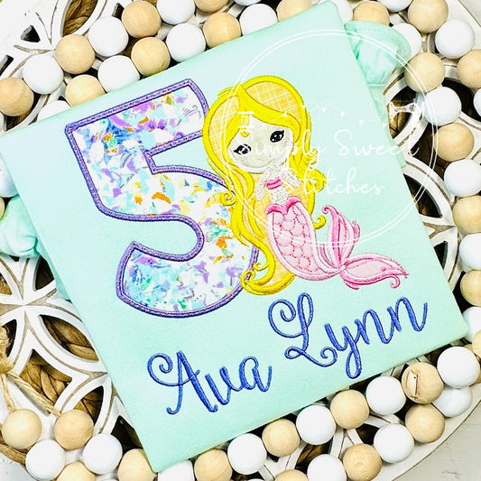 1377 - FANCY MERMAID BIRTHDAY NUMBER - APPLIQUE CHILD SHIRT