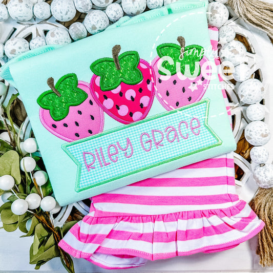 1761 - STRAWBERRY TRIO WITH NAME BANNER - APPLIQUE CHILD SHIRT