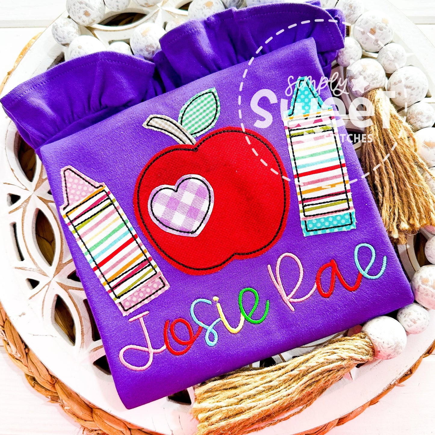 1739 - CRAYON AND APPLE TRIO - APPLIQUE CHILD SHIRT