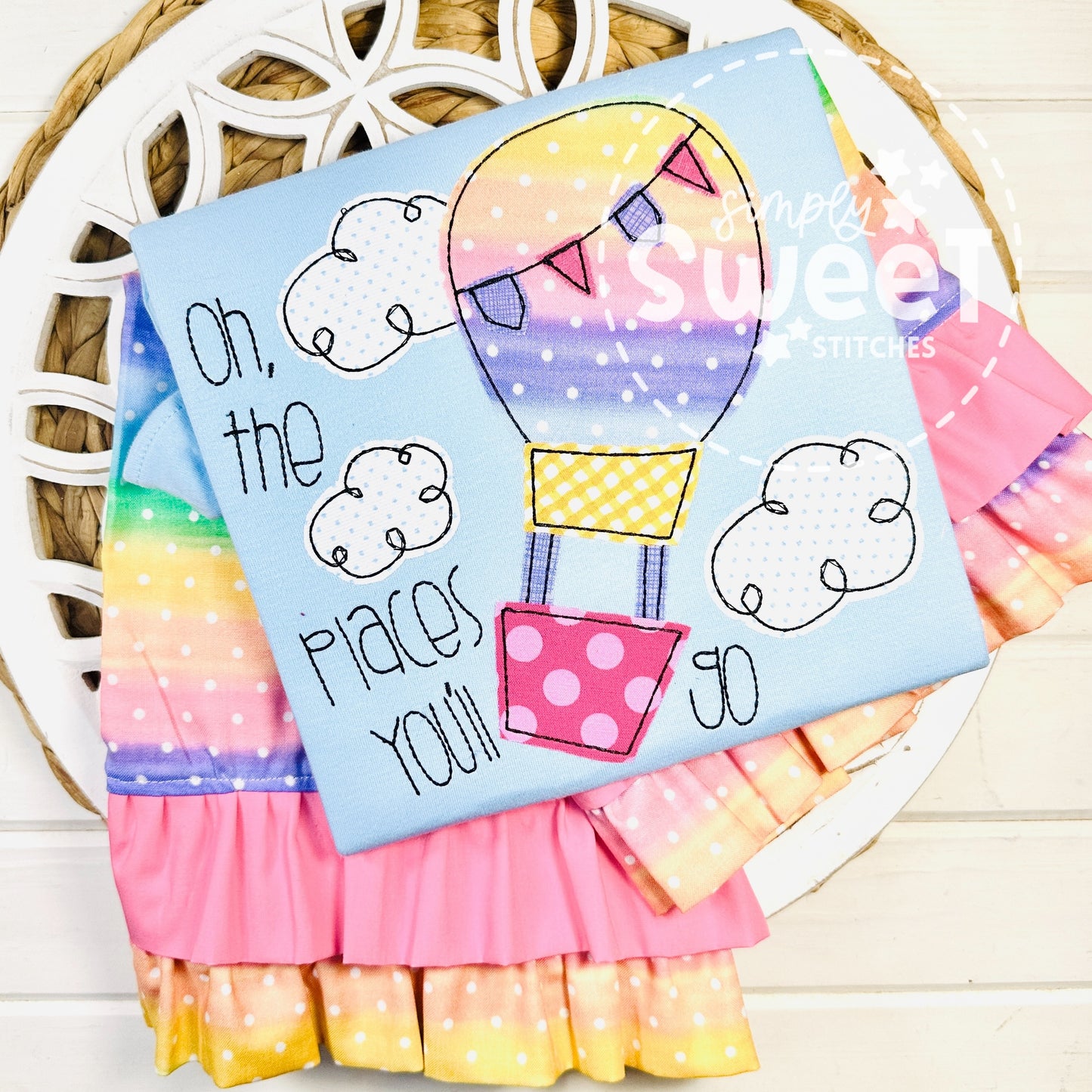 1950 - OH THE PLACES YOU WILL GO GIRL HOT AIR BALLOON - APPLIQUE CHILD SHIRT