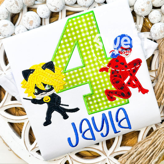 2190 - MIRACULOUS LADYBUG AND CAT NOIR BIRTHDAY - APPLIQUE CHILD SHIRT