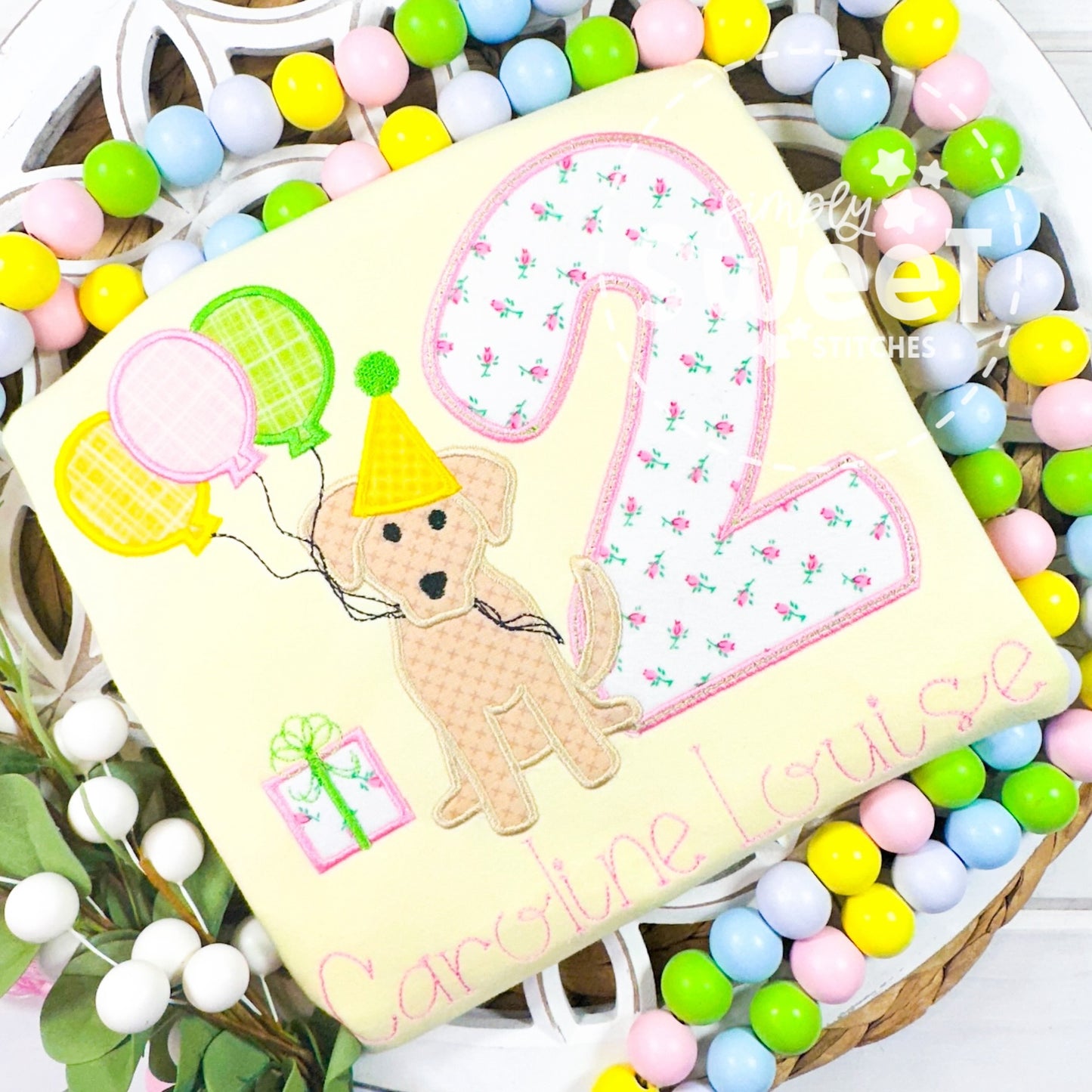 2818 - PUP WITH BALLOONS BIRTHDAY NUMBER - APPLIQUE CHILD SHIRT