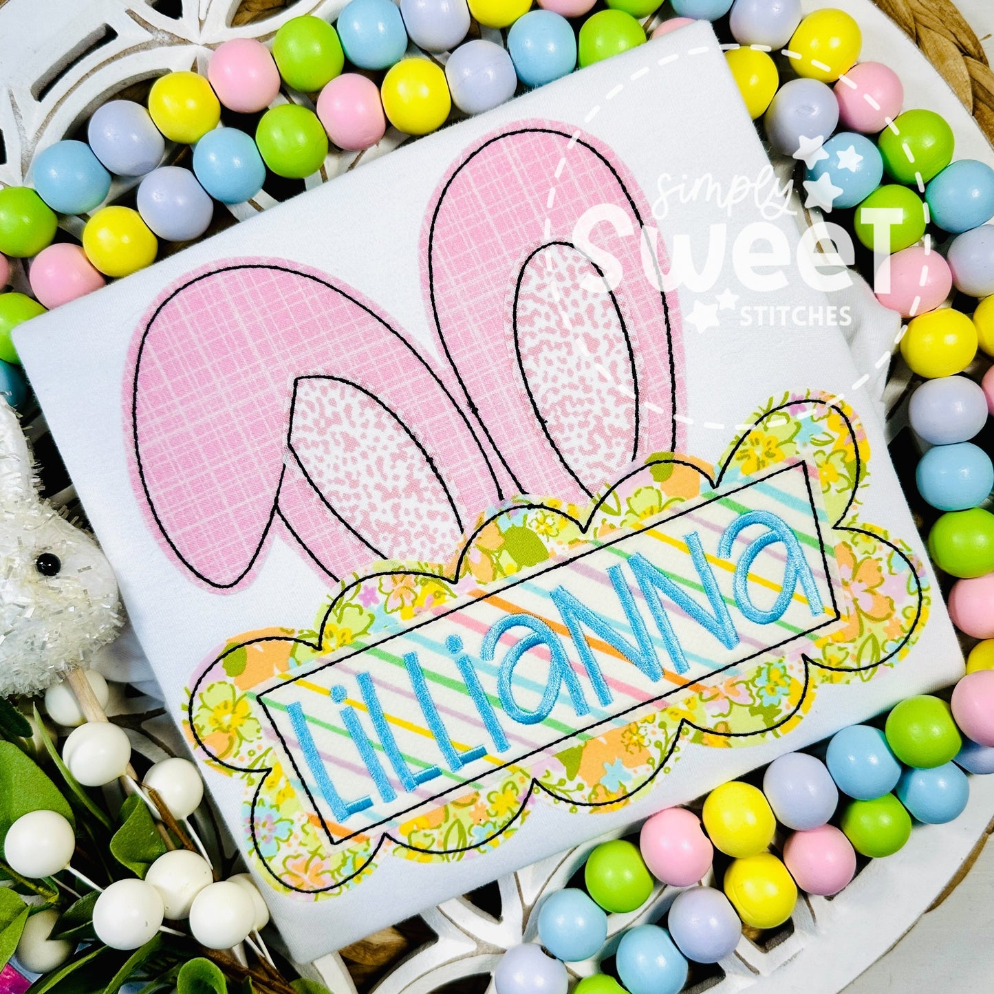 2719 - GIRL BUNNY EARS WITH NAME PLATE - APPLIQUE CHILD SHIRT