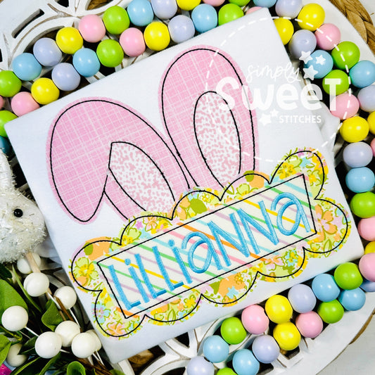 2719 - GIRL BUNNY EARS WITH NAME PLATE - APPLIQUE CHILD SHIRT