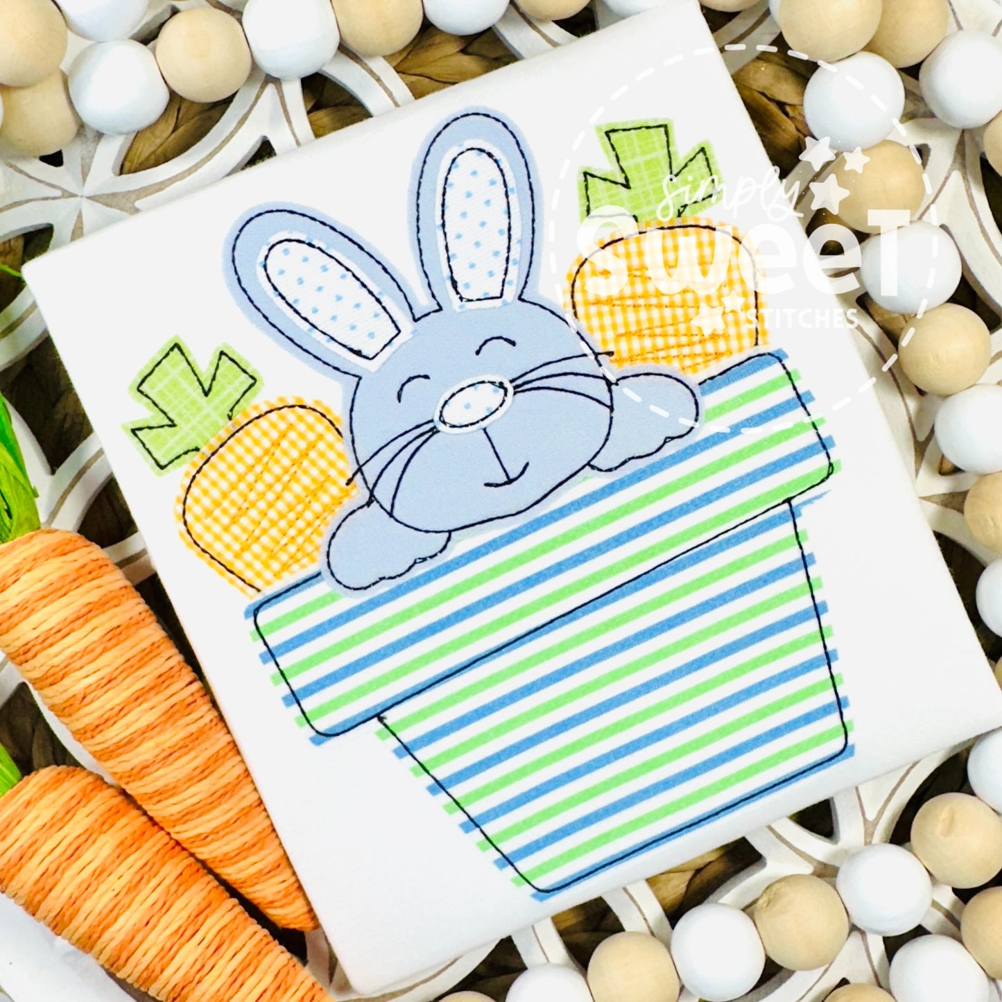 2717 - BOY BUNNY WITH CARROTS IN POT - APPLIQUE CHILD SHIRT
