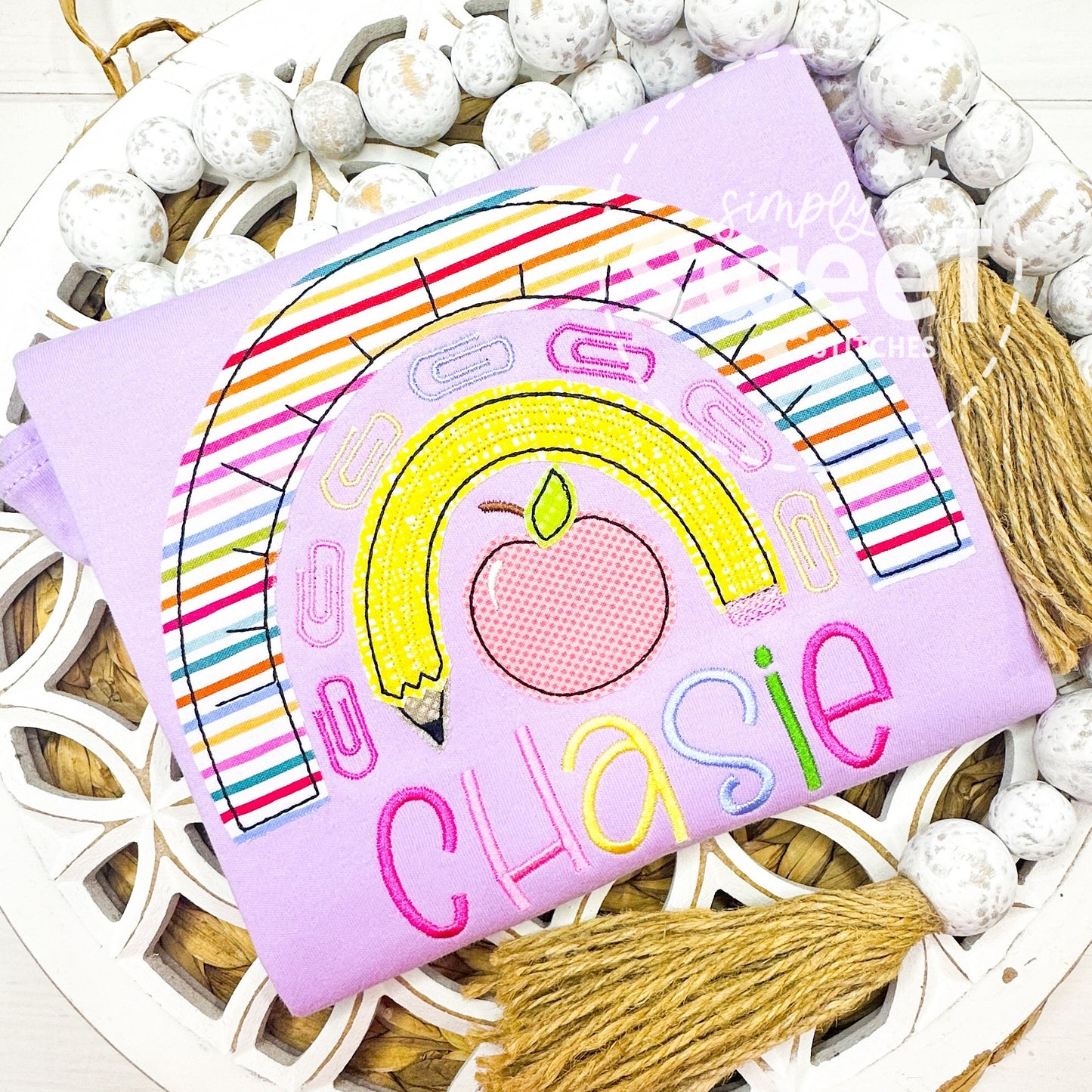 1002 - SCHOOL SUPPLIES RAINBOW - APPLIQUE CHILD SHIRT