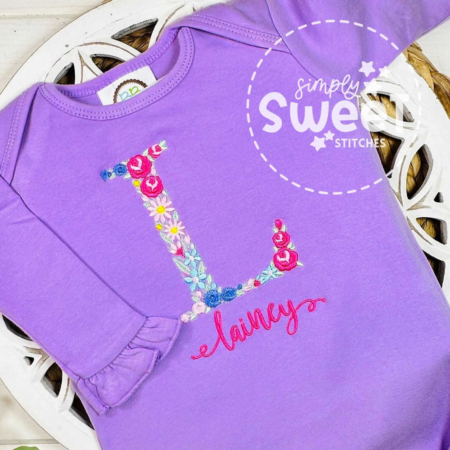 2413 - FLORAL INITIAL - EMBROIDERY BABY GOWN