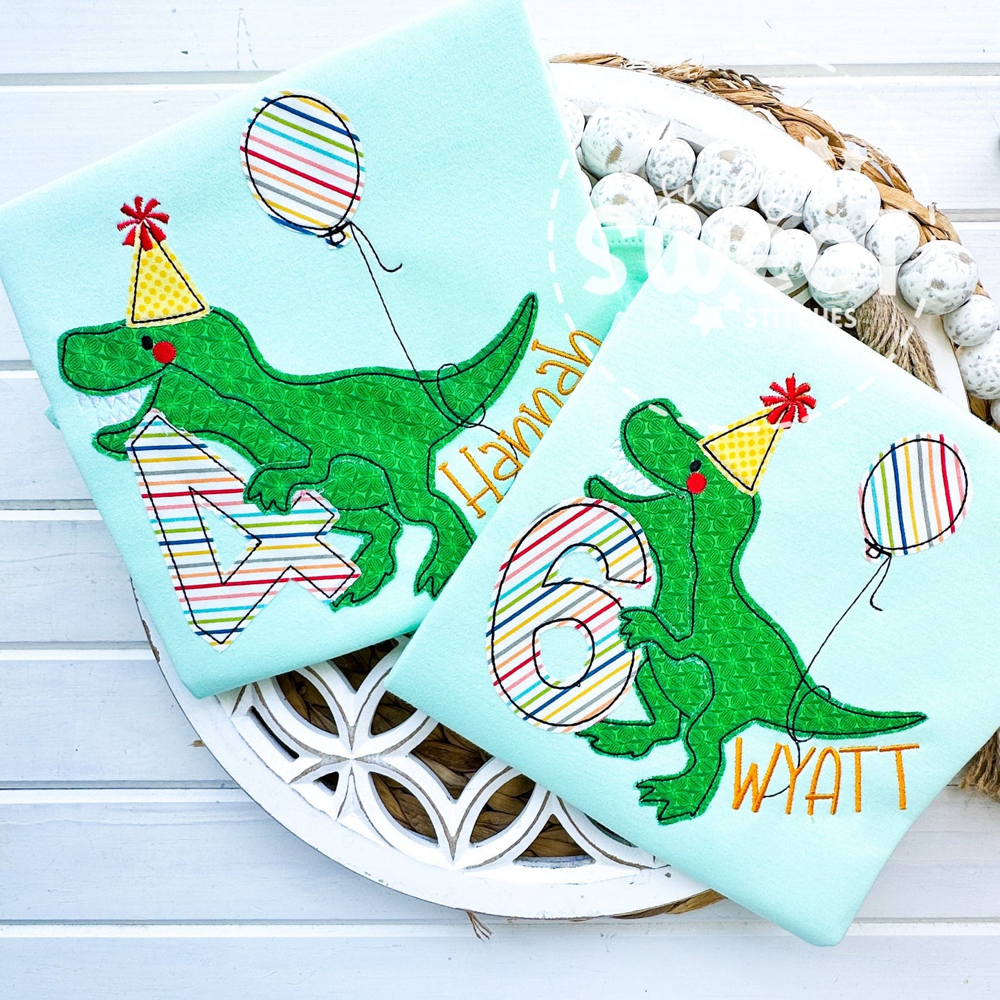 2447 - T-REX DINOSAUR BIRTHDAY NUMBER WITH BALLOON - APPLIQUE CHILD SHIRT