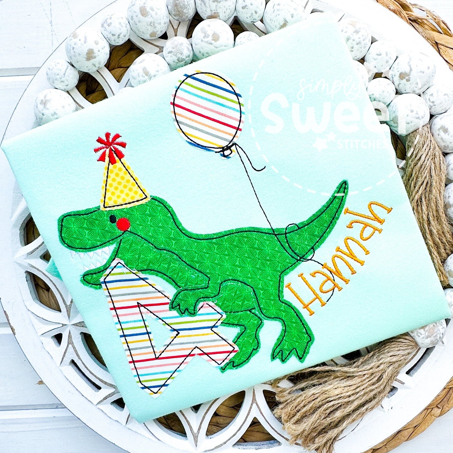 2447 - T-REX DINOSAUR BIRTHDAY NUMBER WITH BALLOON - APPLIQUE CHILD SHIRT