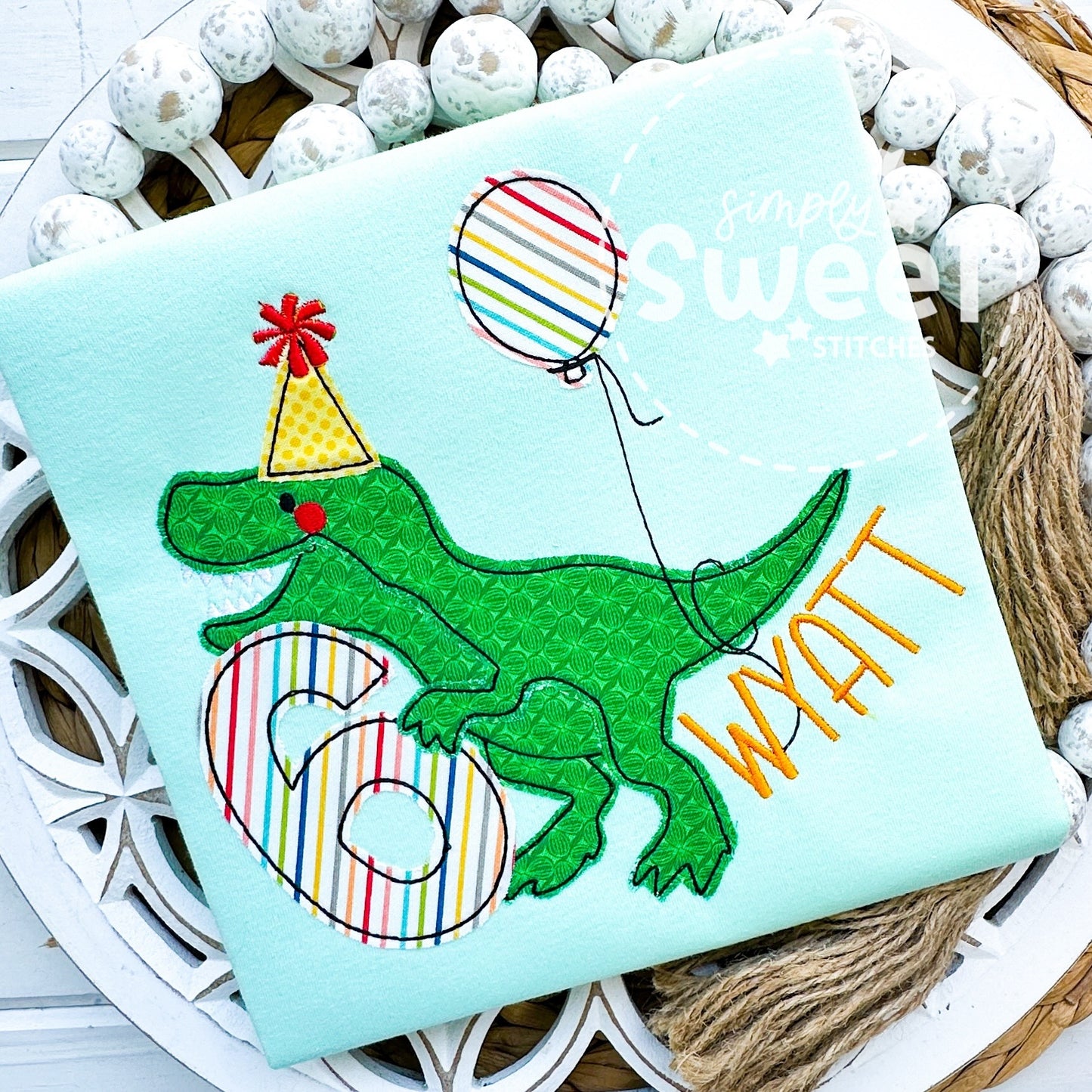 2447 - T-REX DINOSAUR BIRTHDAY NUMBER WITH BALLOON - APPLIQUE CHILD SHIRT