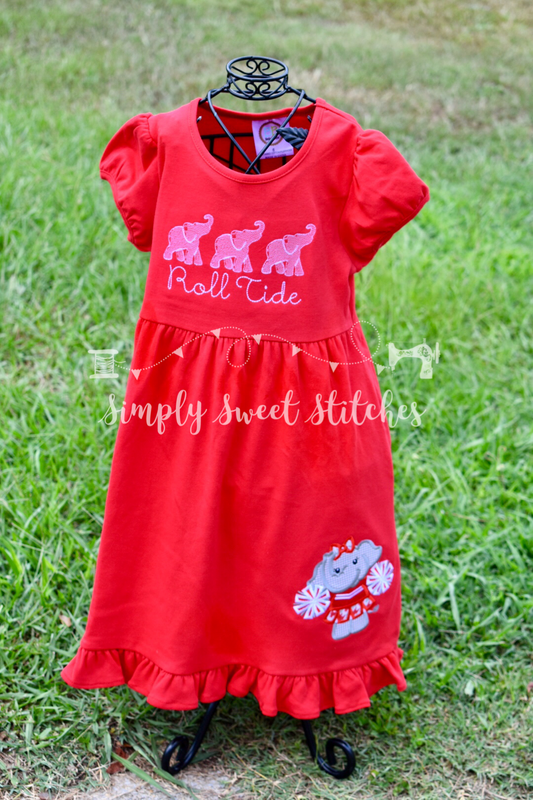 1084 - ELEPHANT CHEERLEADER WITH VINTAGE ELEPHANT TRIO - SKETCH / APPLIQUE EMPIRE DRESS