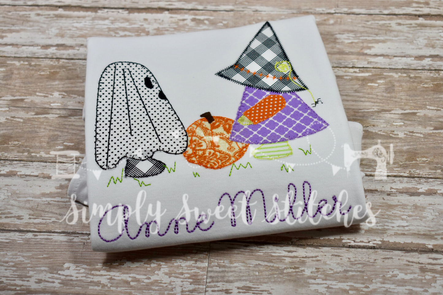 1328 - WITCH AND GHOST HALLOWEEN SHIRT - APPLIQUE CHILD SHIRT