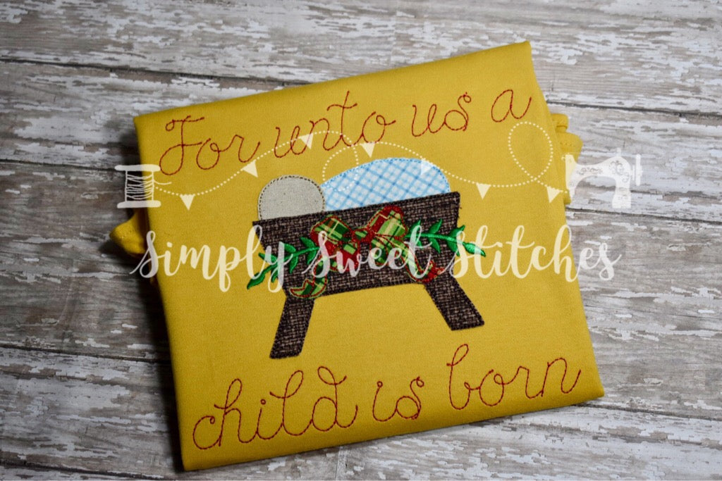 1174 - FOR UNTO US A CHILD IS BORN WITH BOW - APPLIQUE CHILD SHIRT