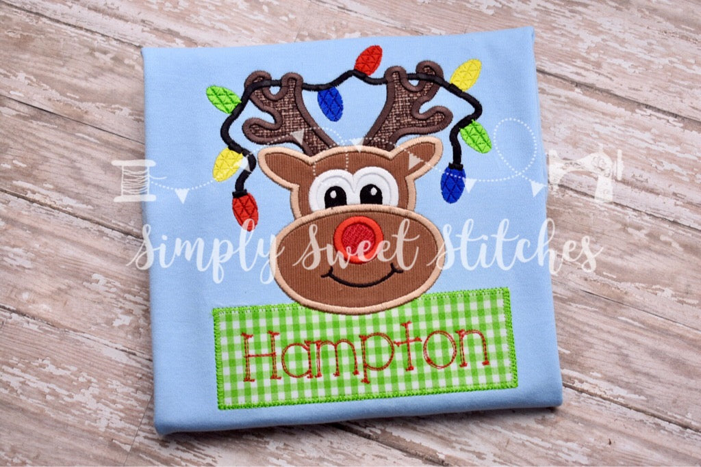 1303 - REINDEER BOY WITH LIGHTS - APPLIQUE CHILD SHIRT