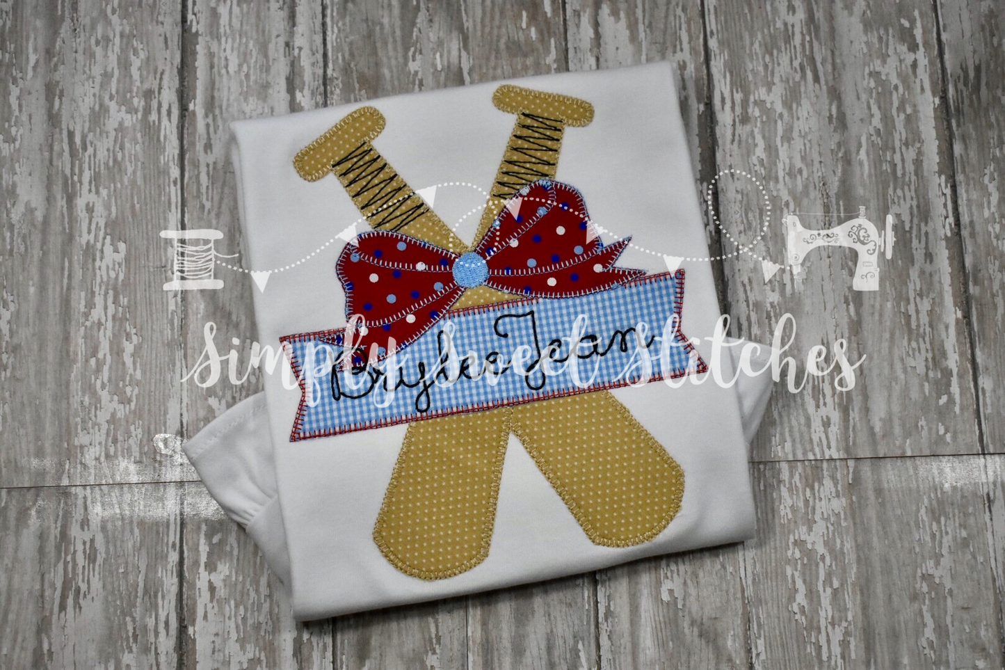1371 - BASEBALL BATS WITH BOW - APPLIQUE CHILD SHIRT