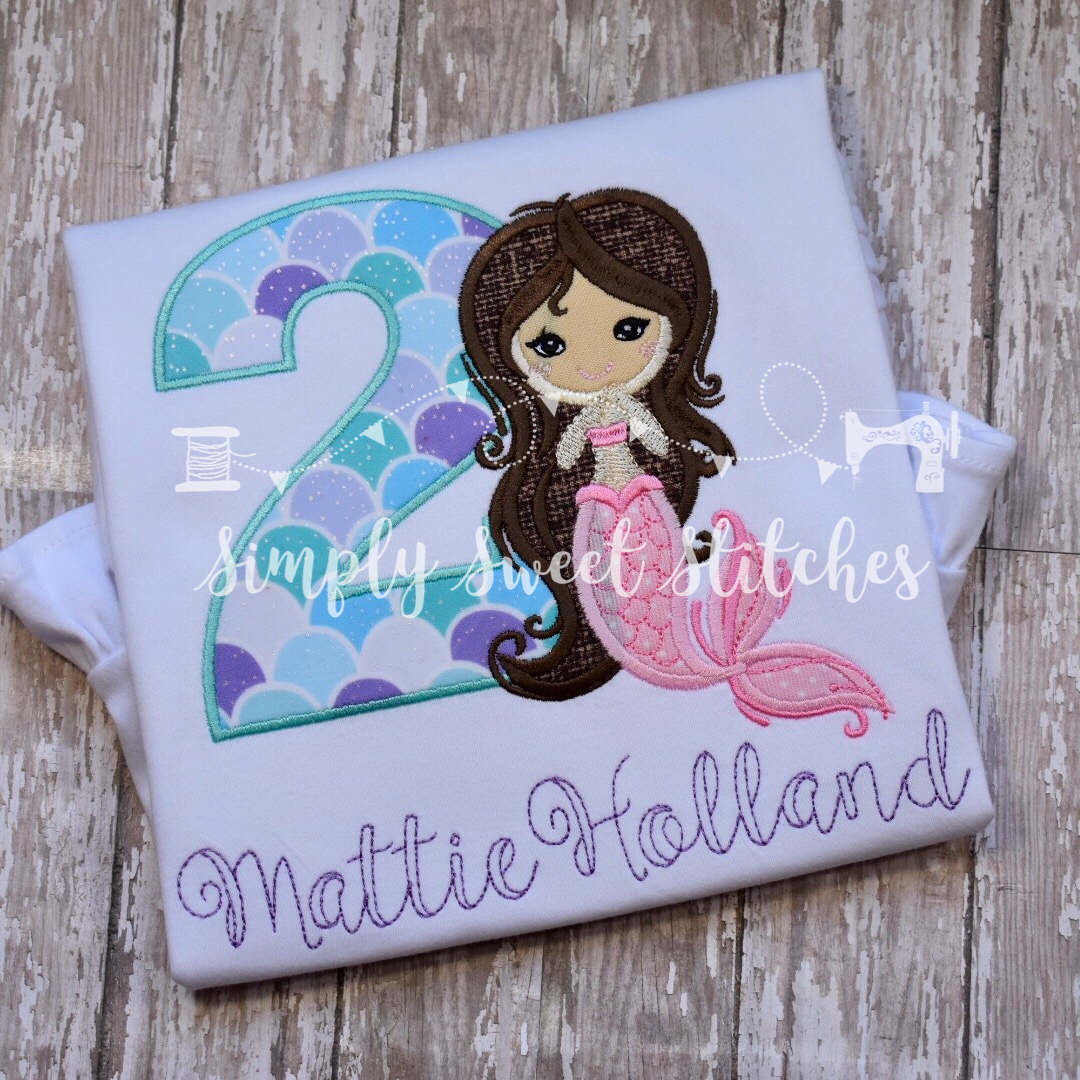 1377 - FANCY MERMAID BIRTHDAY NUMBER - APPLIQUE CHILD SHIRT