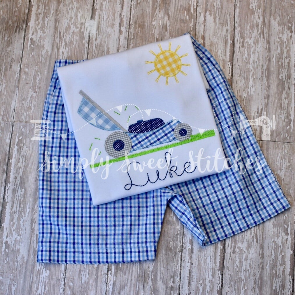 1346 - BOY LAWNMOWER WITH SUNSHINE - APPLIQUE CHILD SHIRT