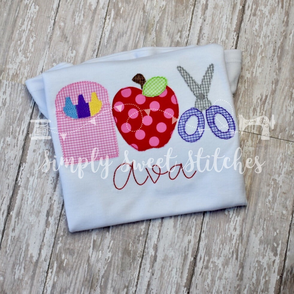 1112 - SCHOOL SUPPLIES TRIO - APPLIQUE CHILD SHIRT