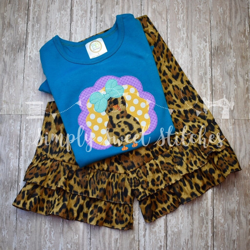 1179 - CHEETAH GIRLY TURKEY WITH BIG BOW - APPLIQUE CHILD SHIRT