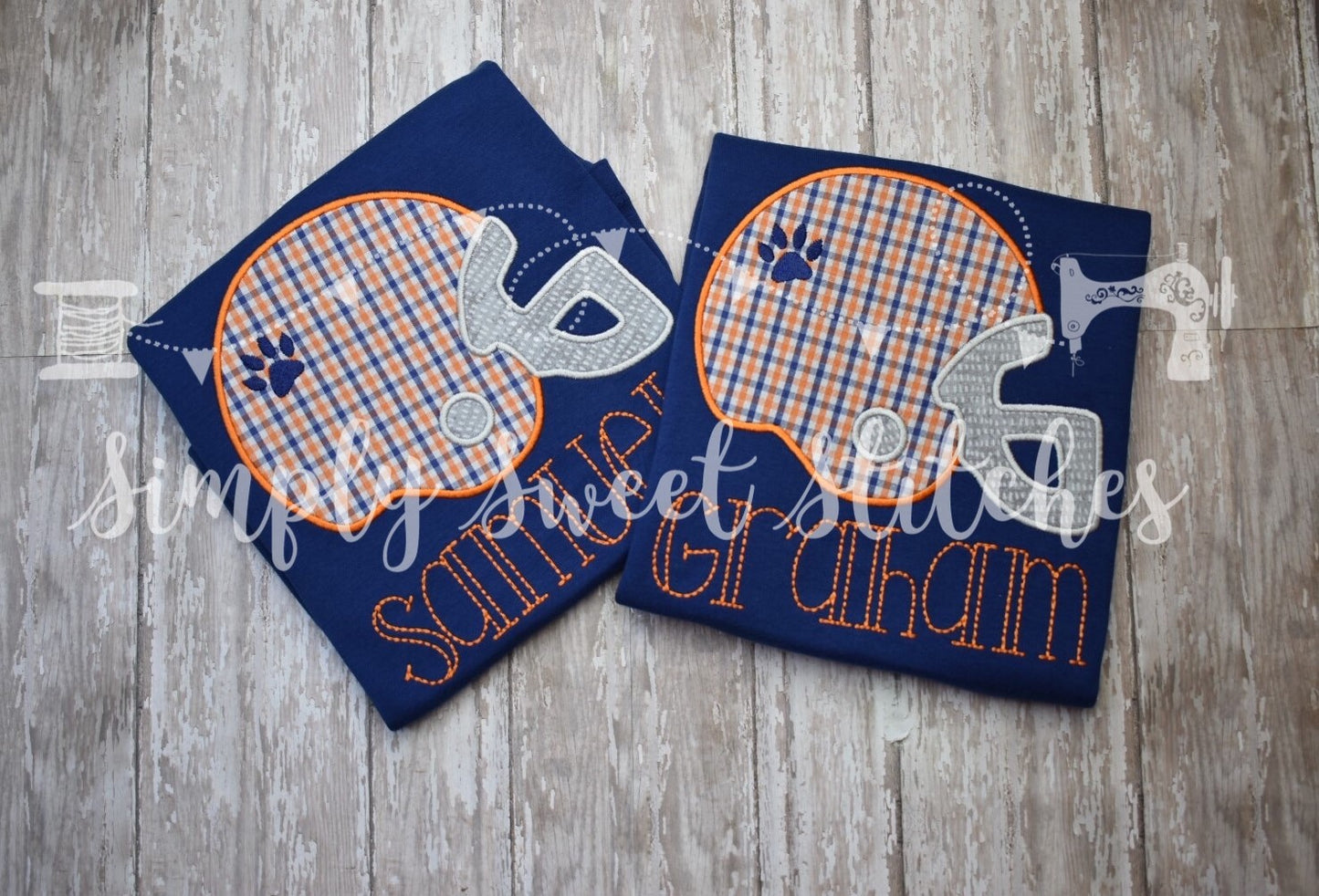 1467 - ORANGE & BLUE TIGER FOOTBALL HELMET - APPLIQUE CHILD SHIRT