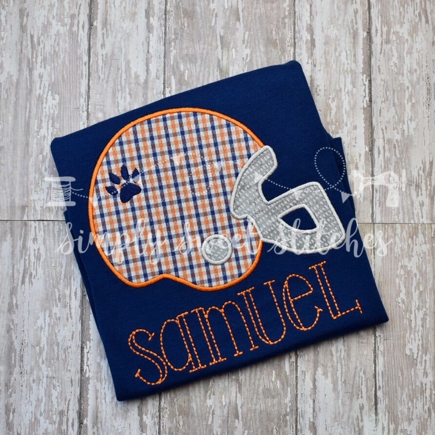 1467 - ORANGE & BLUE TIGER FOOTBALL HELMET - APPLIQUE CHILD SHIRT