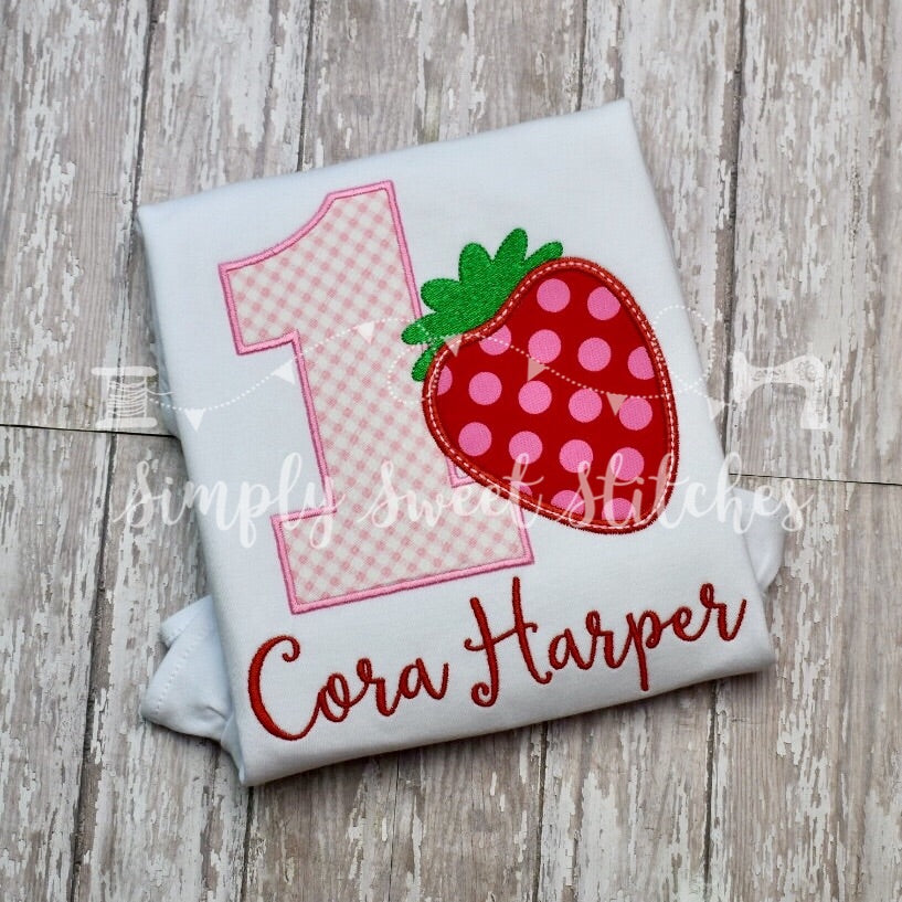 1465 - STRAWBERRY NUMBER BIRTHDAY NUMBER - APPLIQUE CHILD SHIRT