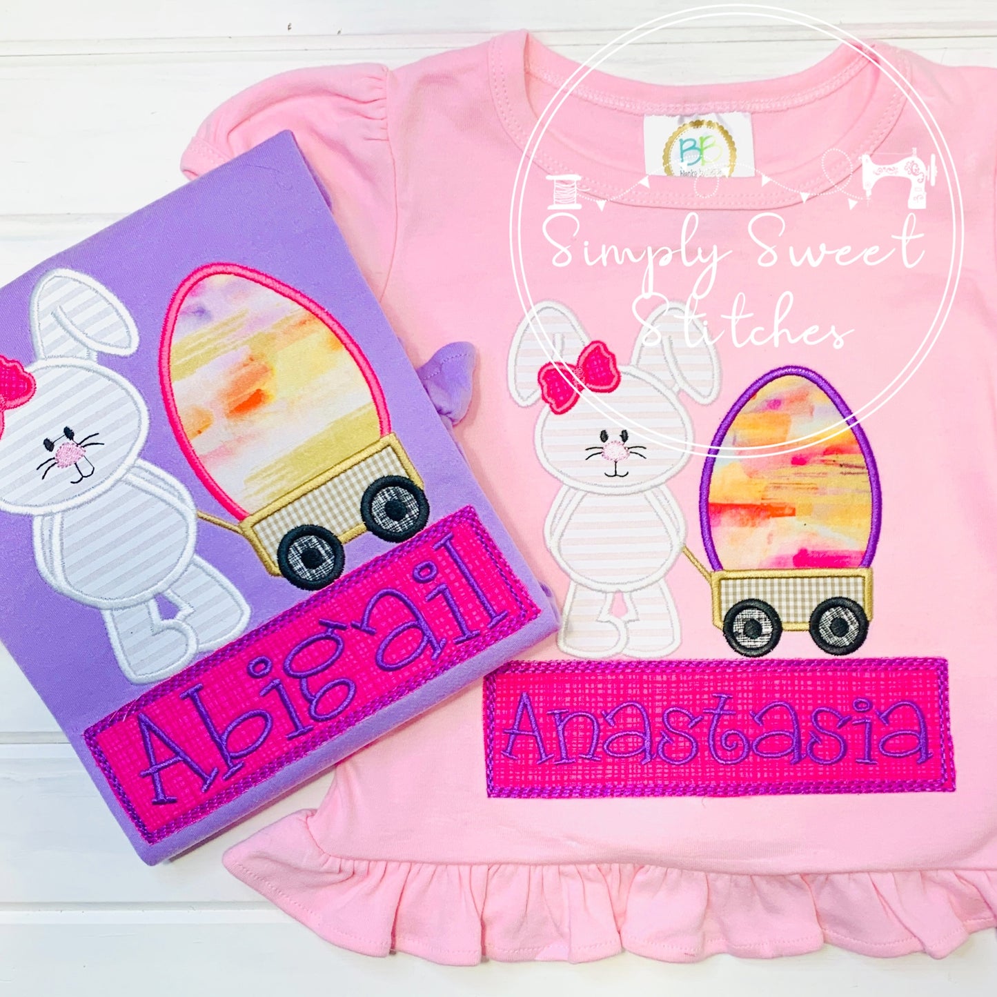 1012 - GIRL EASTER BUNNY WITH EGG IN WAGON - APPLIQUE CHILD SHIRT