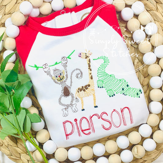 1593 - SWIRLY ZOO MONKEY GIRAFFE CROC - SKETCH CHILD SHIRT