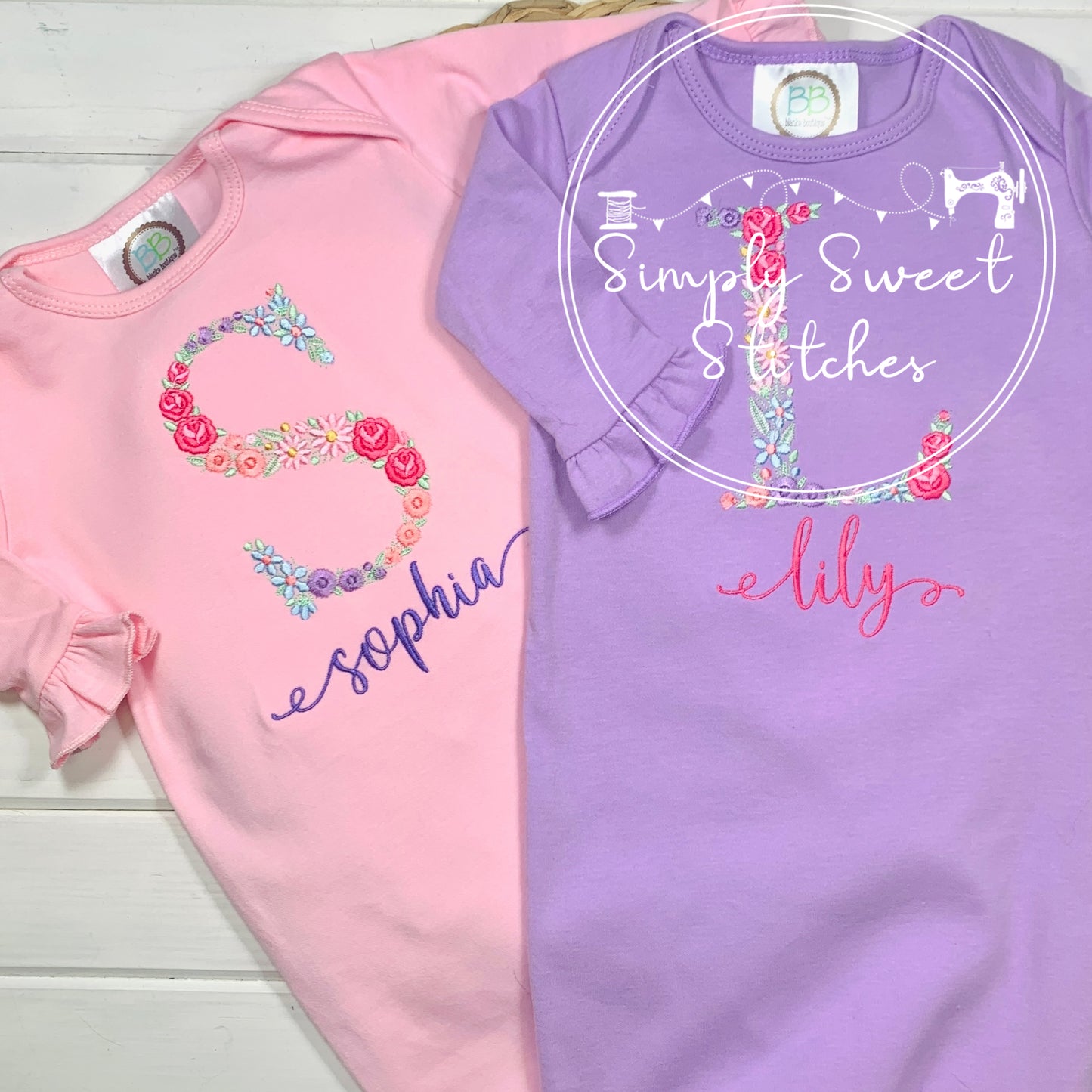 2413 - FLORAL INITIAL - EMBROIDERY BABY GOWN
