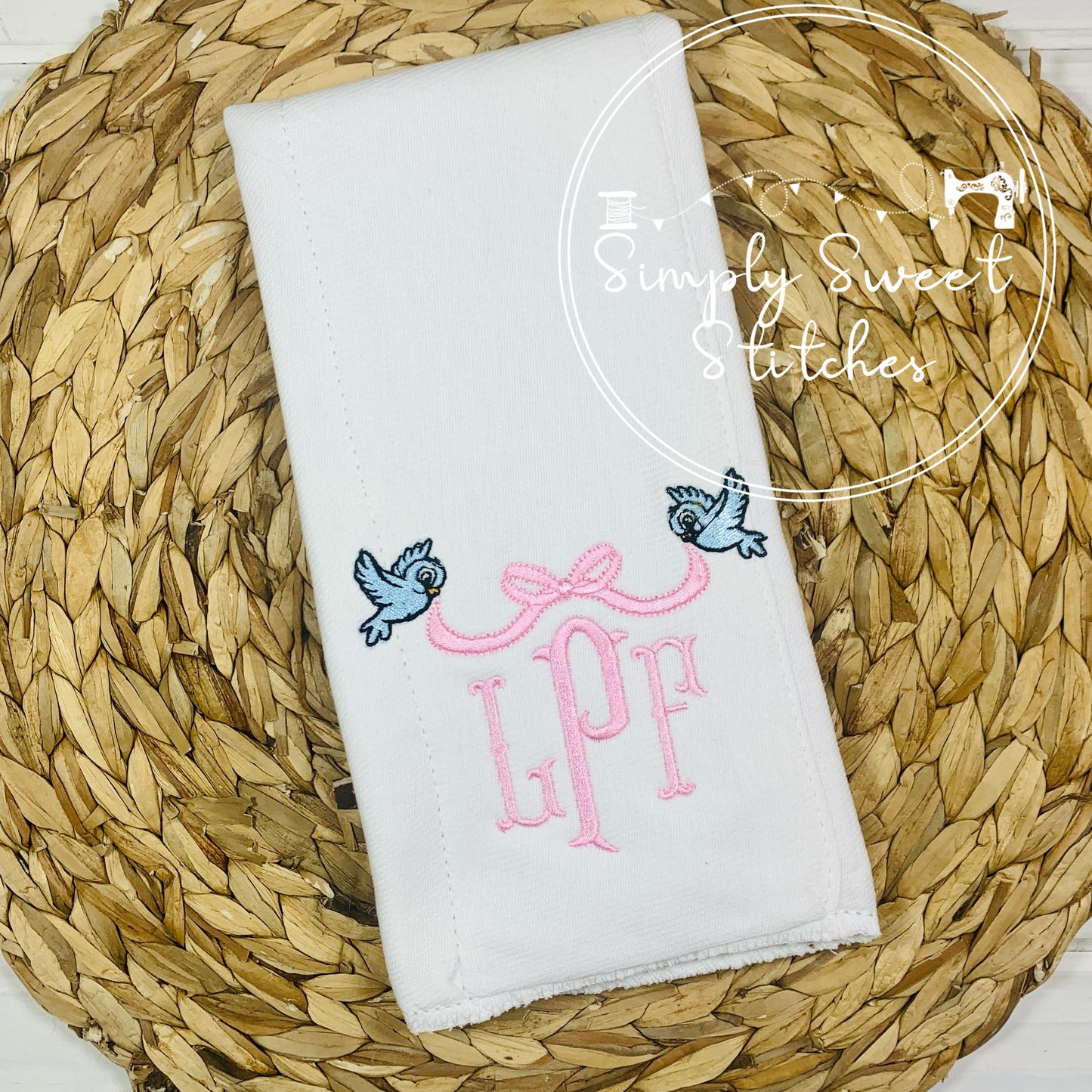 2379 - CINDERELLA BLUE BIRDS WITH BOW TOPPER MONOGRAM - BURP CLOTH