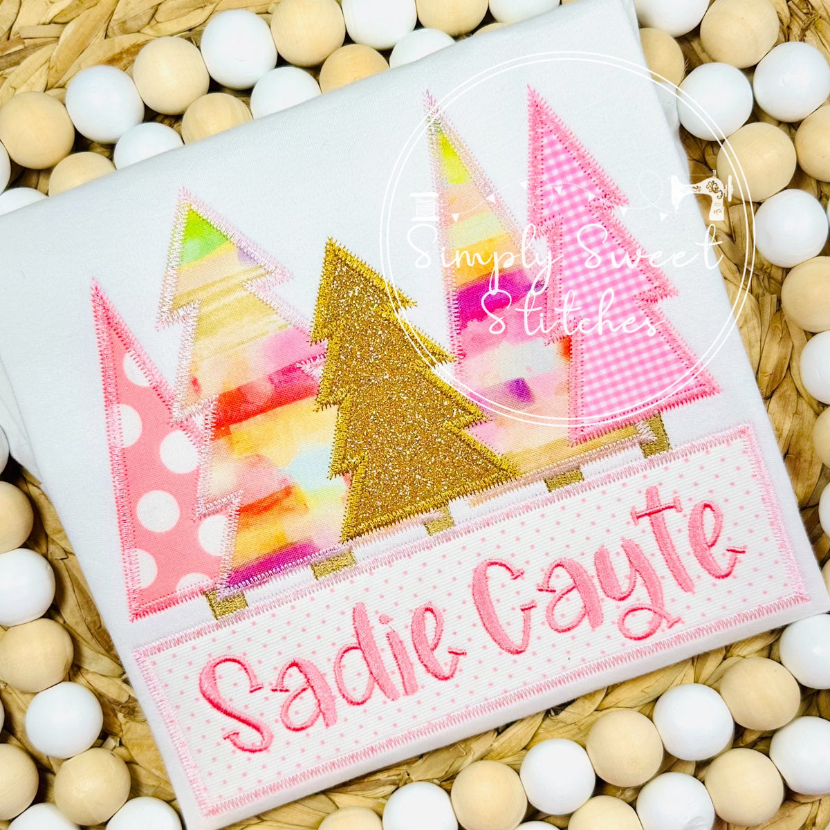 2389 - PINK AND GOLD CHRISTMAS TREES - APPLIQUE CHILD SHIRT