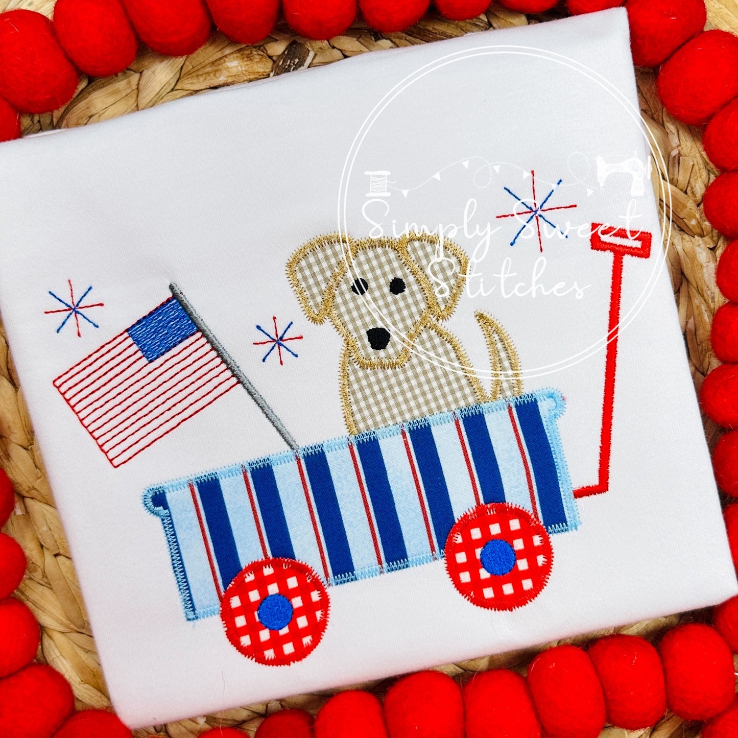 1397 - PATRIOTIC DOG IN WAGON - APPLIQUE CHILD SHIRT