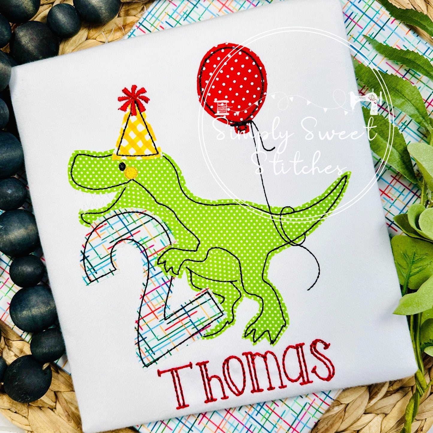 2447 - T-REX DINOSAUR BIRTHDAY NUMBER WITH BALLOON - APPLIQUE CHILD SHIRT