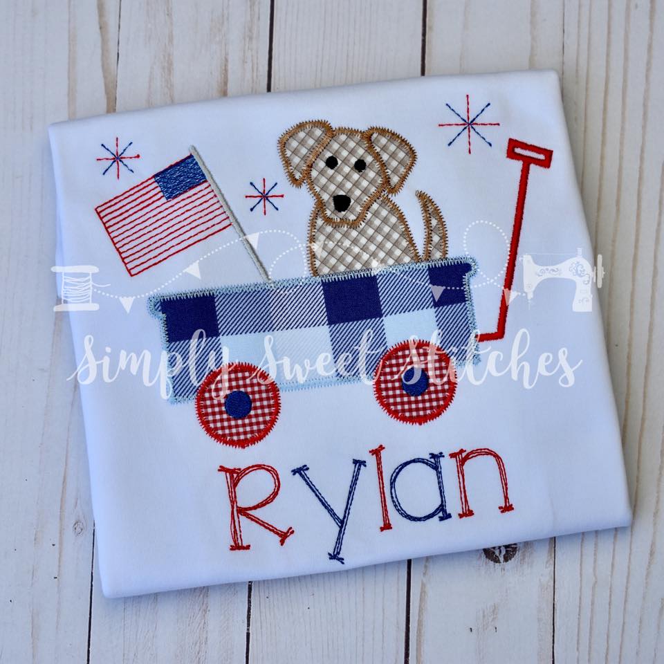 1397 - PATRIOTIC DOG IN WAGON - APPLIQUE CHILD SHIRT