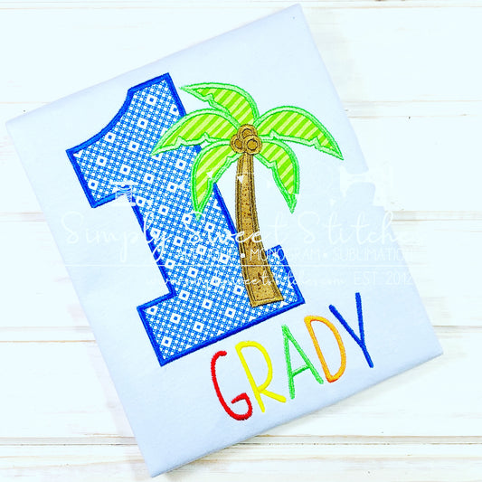 2115 - PALM TREE BIRTHDAY NUMBER - APPLIQUE CHILD SHIRT
