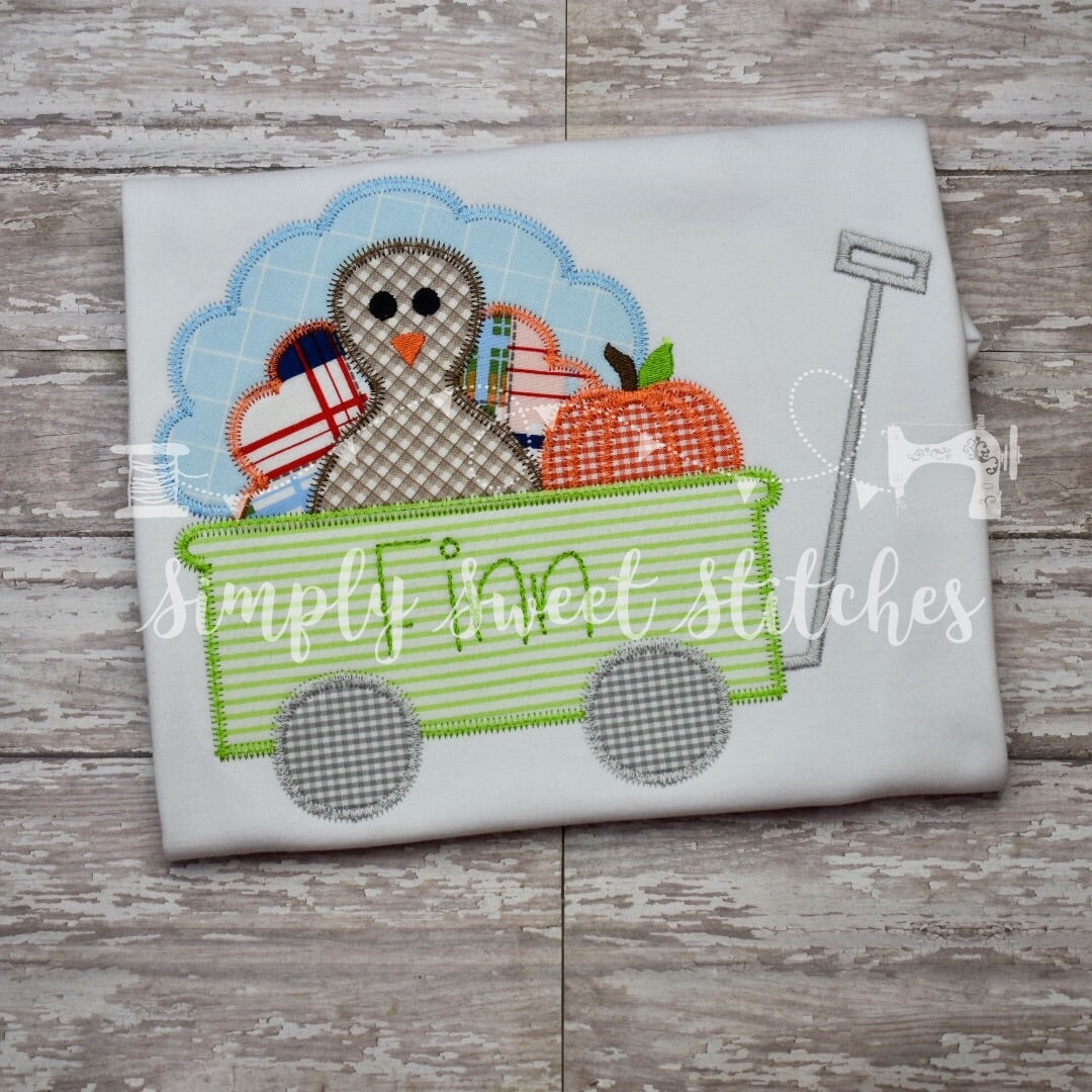1356 - TURKEY IN WAGON - APPLIQUE CHILD SHIRT