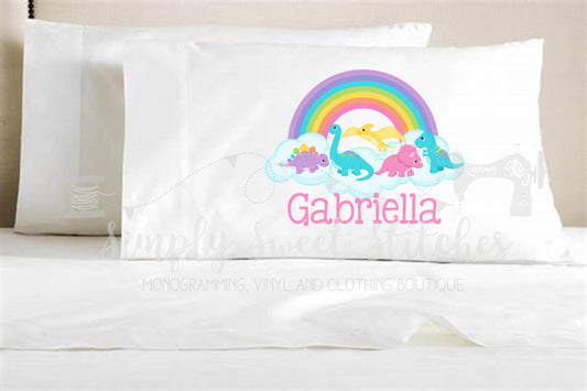 1295 - GIRL DINOSAURS WITH RAINBOW - PILLOWCASE
