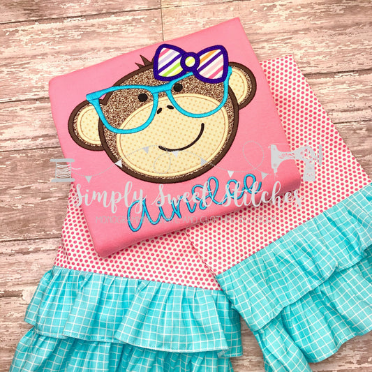 1017 - GIRLY MONKEY WITH GLASSES - APPLIQUE CHILD SHIRT