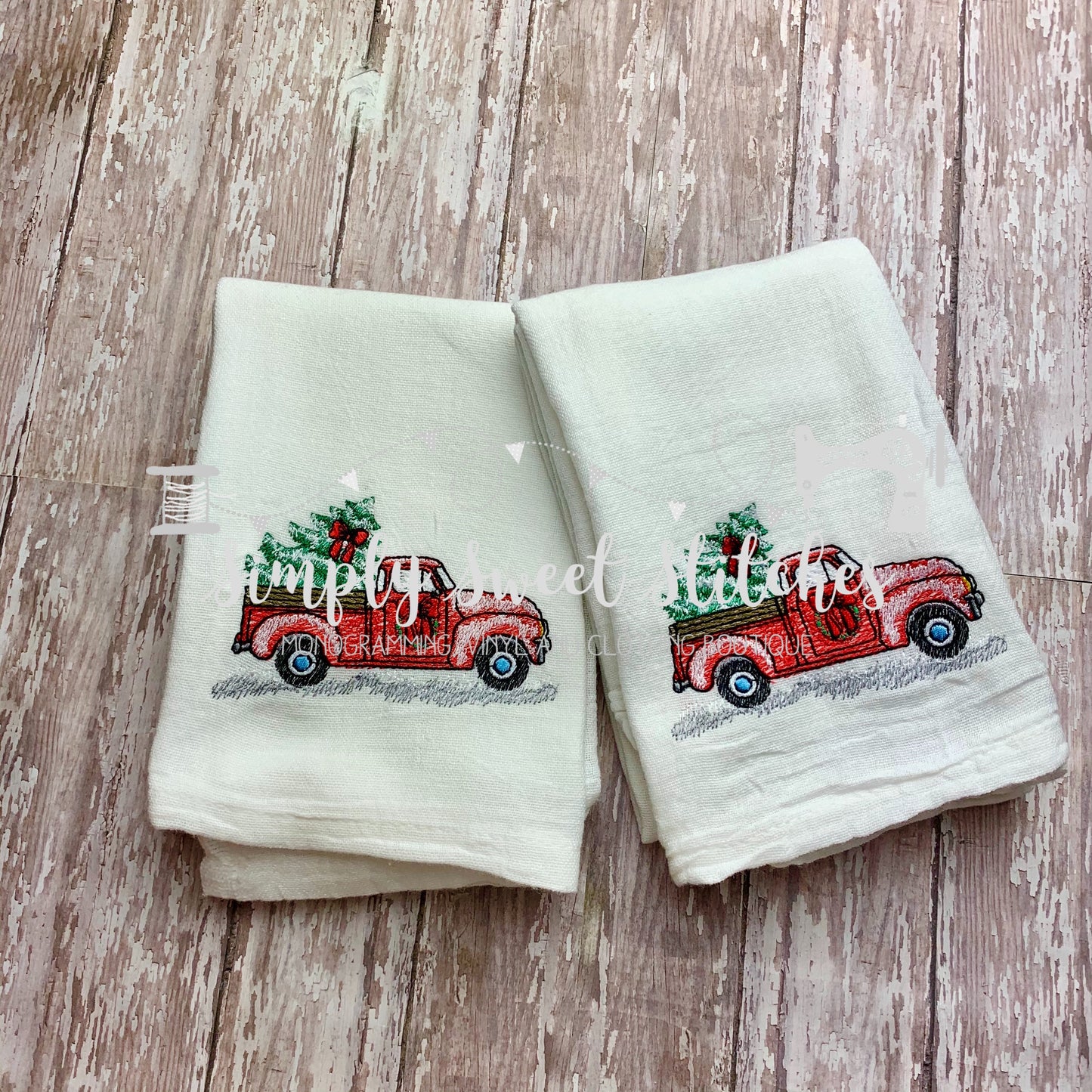 1144 - VINTAGE CHRISTMAS TRUCK - EMBROIDERY KITCHEN TOWELS
