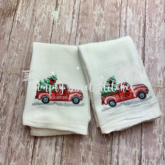 1144 - VINTAGE CHRISTMAS TRUCK - EMBROIDERY KITCHEN TOWELS