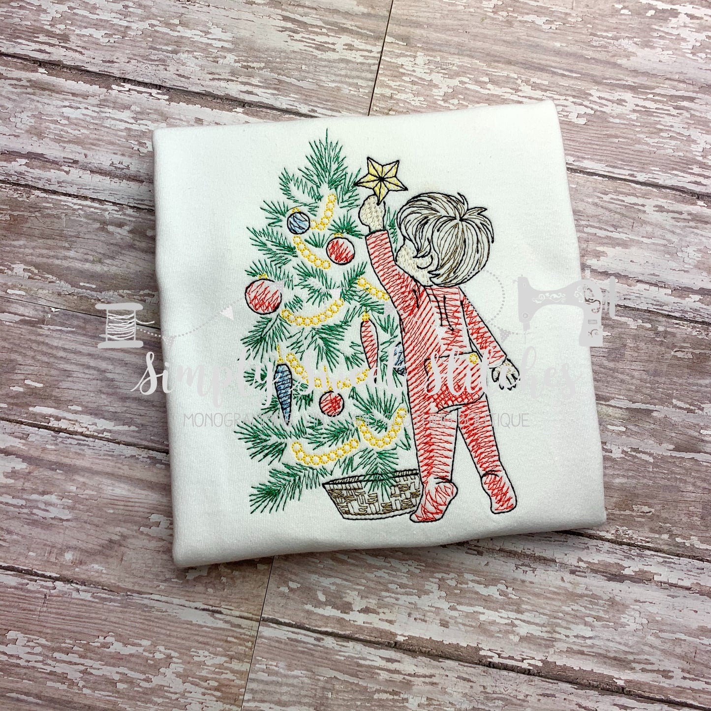 1216 - BOY PUTTING STAR ON TREE - SKETCH CHILD SHIRT